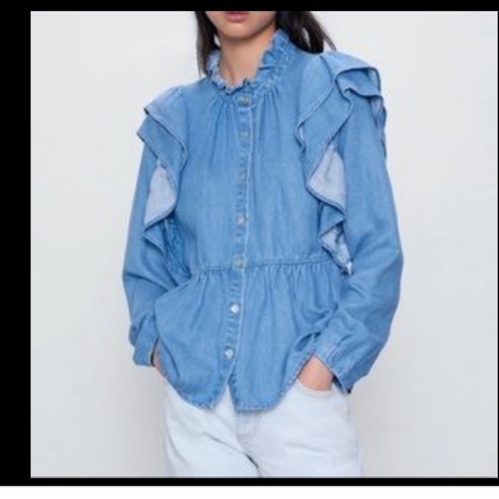 Zara Denim Top With Ruffles Size Small - Picture 3 of 4